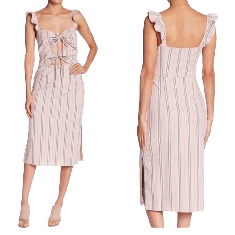 NWT WAYF Verona Midi Dress Double Cut Out Bow Tie Blush Pink Stripe Ruffle XXL